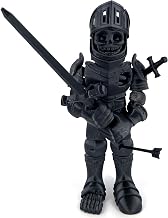 Black articulated skeleton knight figure with accessories.